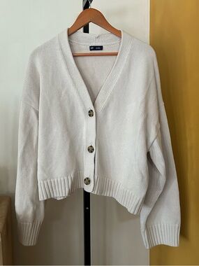 Gap 100% Cotton V-Neck Button Up Cardigan Sweater Chunky Knit Cream Size XL